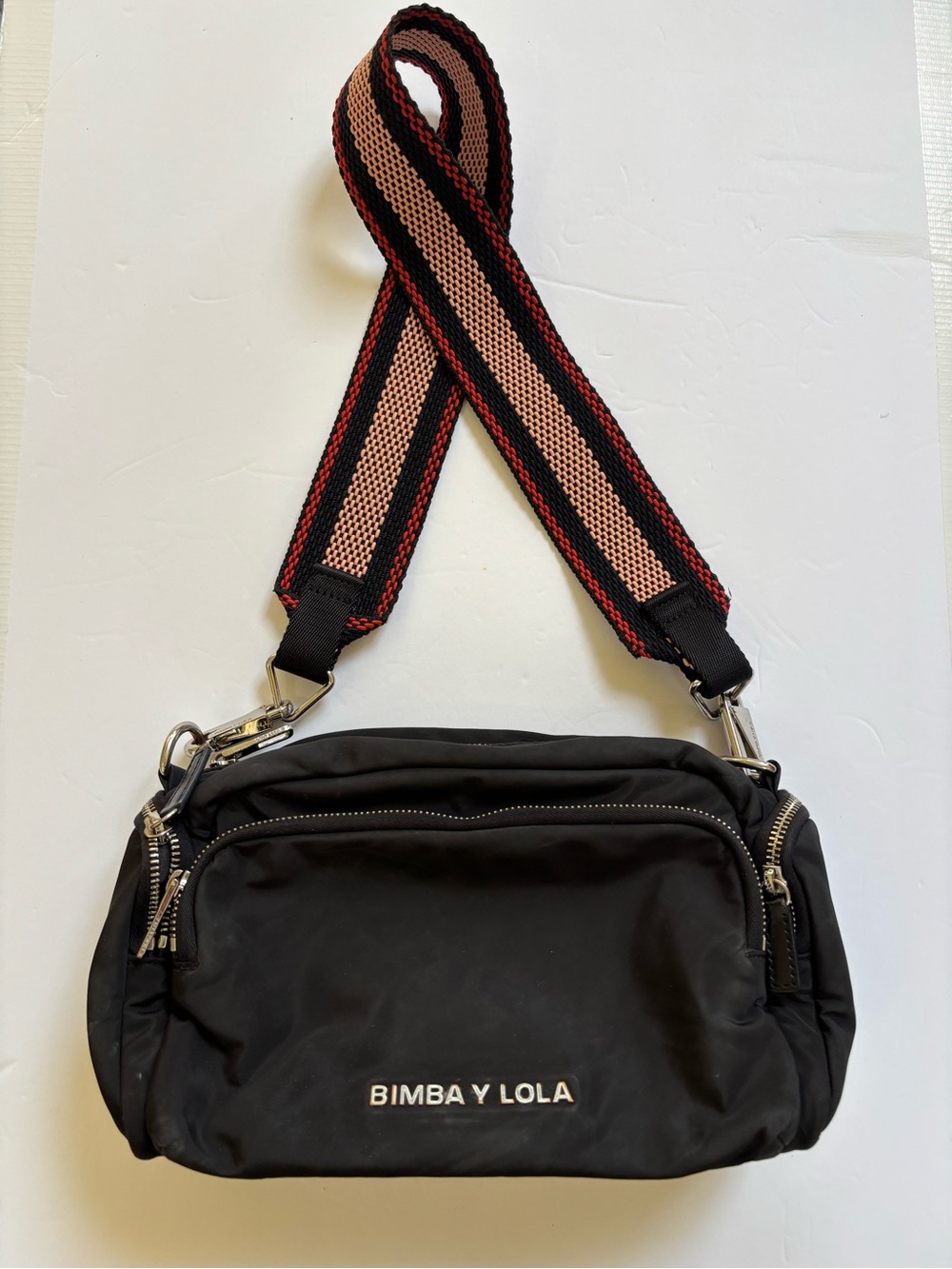 Bimba y Lola Black Nylon Shoulder Crossbody Bag Woven Strap Silver Hardware